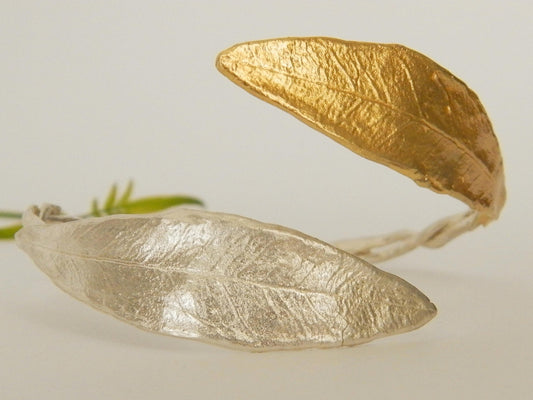 Olive Leaf cuff bracelet in sterling silver and 14K Gold plated . Olive is a symbol of peace and protection.