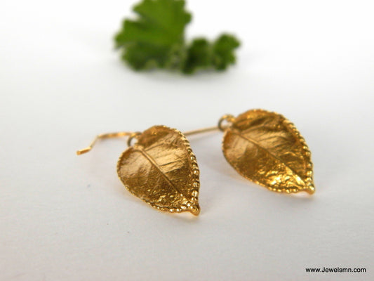 Solid Gold Dangle & Drop Leaf Earrings for Women, Real Rose leaf Earrings on Gold 9K-14K-18K, Lightweight nature Gold plant Jewelry Gift