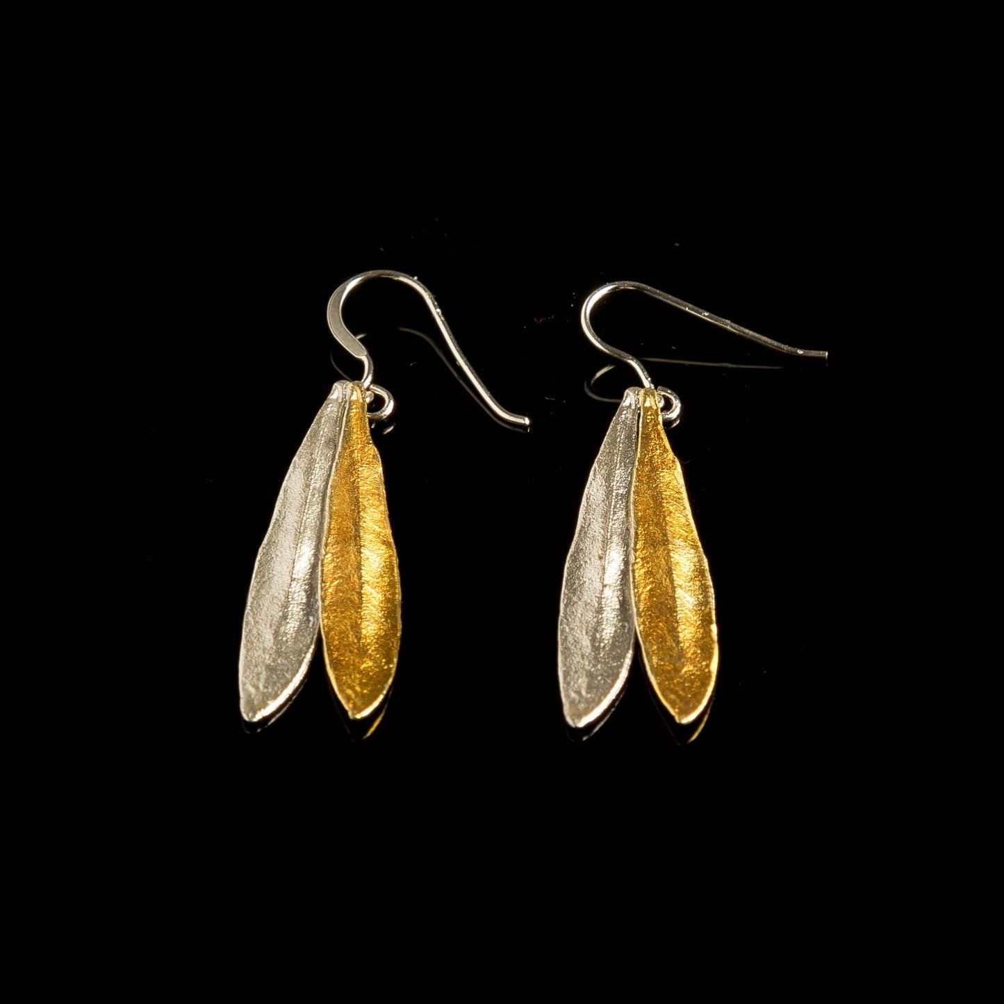 Olive Leaf Dangle earrings for women in Sterling silver 925. Mixed metal earrings.