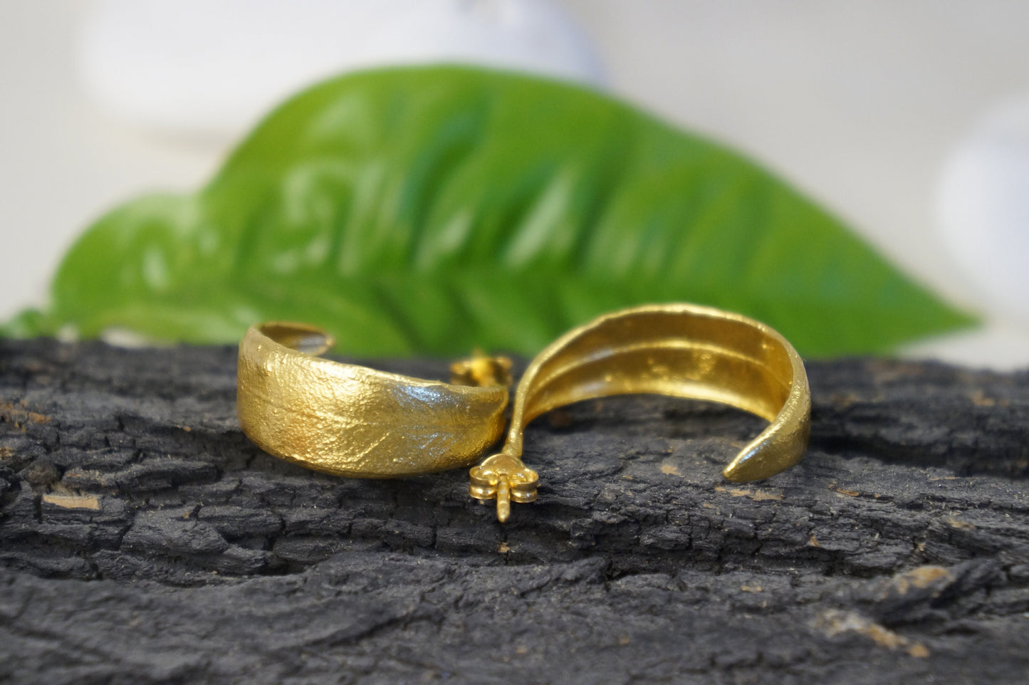 Olive Leaf Solid Gold Hoop Stud earrings for women and men, 18k-14K-9k Gold Studs jewelry by Mother Nature Jewelry.