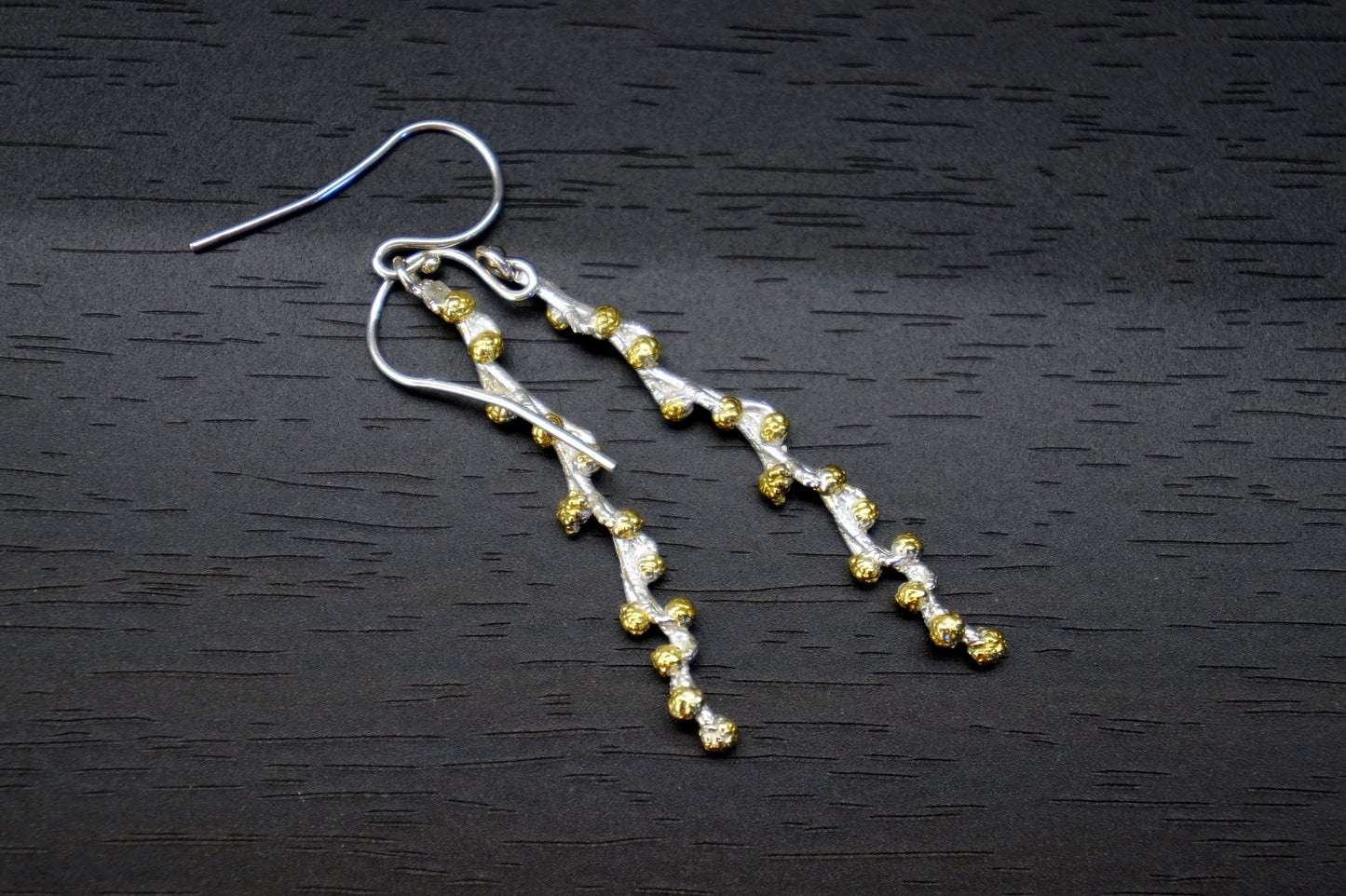 Botanic tree branch Earrings in sterling silver. Real Mimosa Pudica twig with Blossoms, Long Dangle Earrings for women