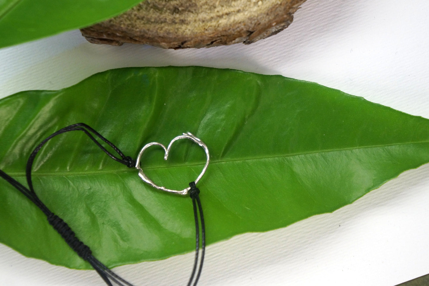 Jasmine heart shape cord string, twig bracelet in sterling silver.