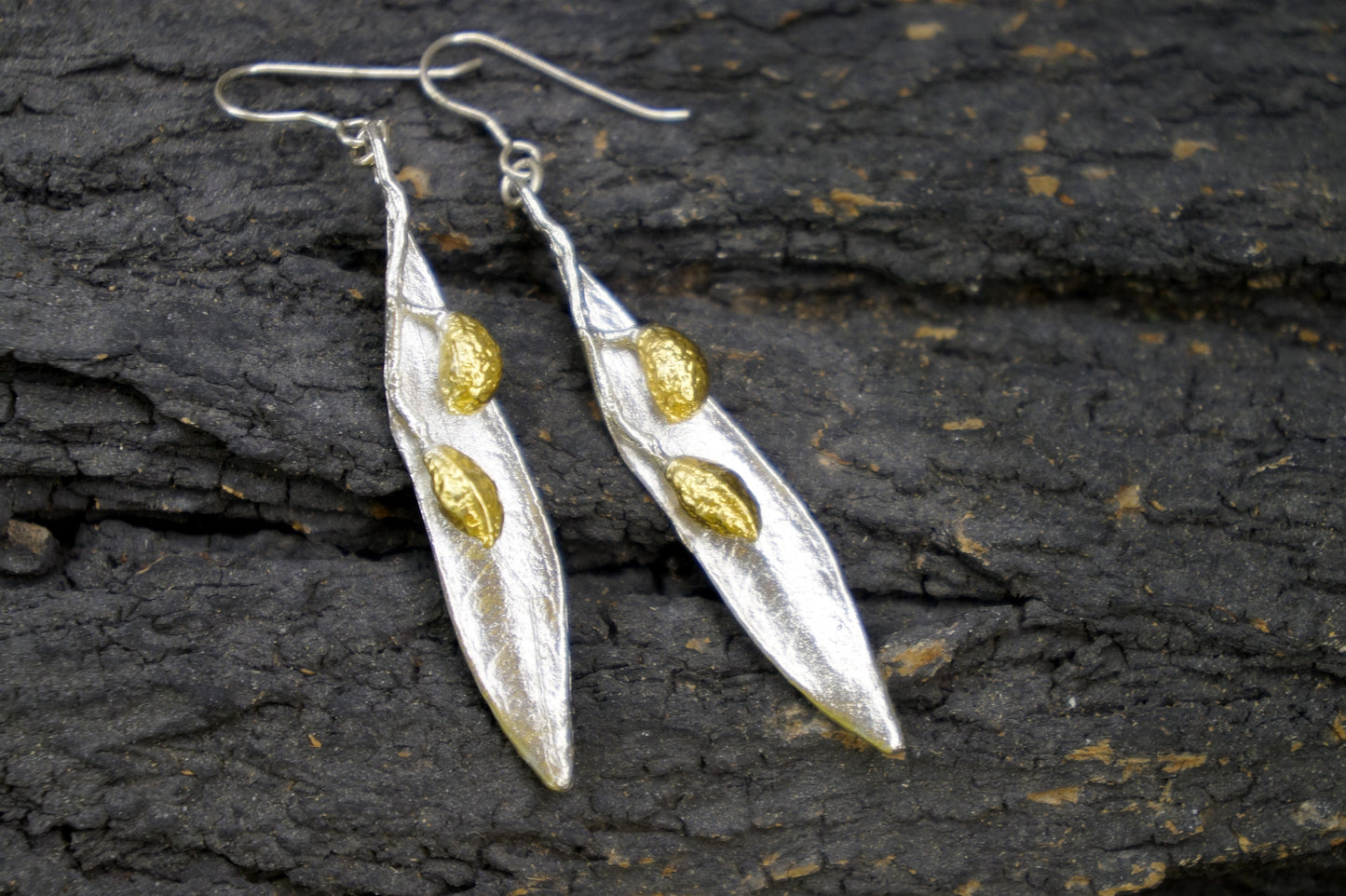 Sterling Silver Olive Leaf Earrings for Women with Gold OLive fruit, Statement Long Beautiful Dangle Earrings by Mother Nature