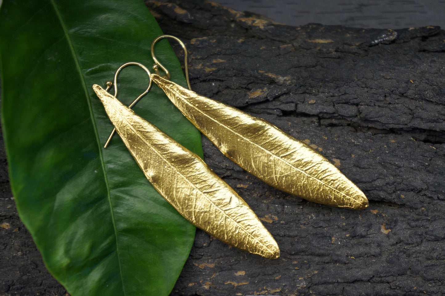 Statement Solid Gold, Real leaf earrings for women. Long Olive Leaf Earrings k18  k14 or k9 by Mother Nature Jewelry