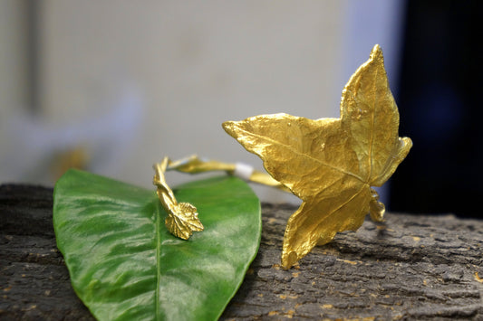 Real flower jewelry Big Ivy leaf and mini Vine leaf Bracelet casting in sterling silver and 14 K goldplated. Unusually Nature piece of art