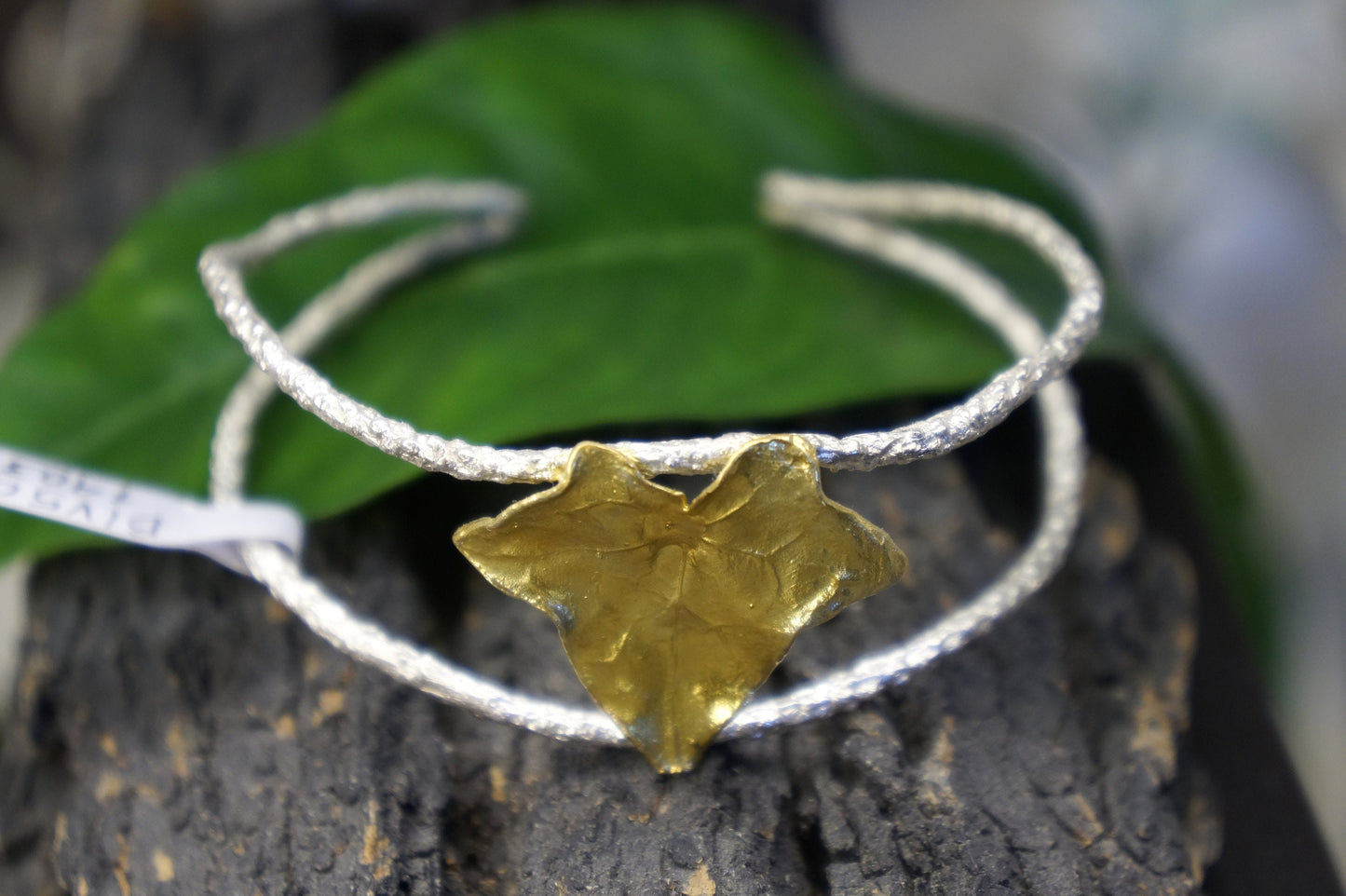 Real Ivy Leaf cuff Bracelet. Sterling recycled silver Pine tree branch and Gold Ivy Leaf symbol of life, strength, friendship and connection