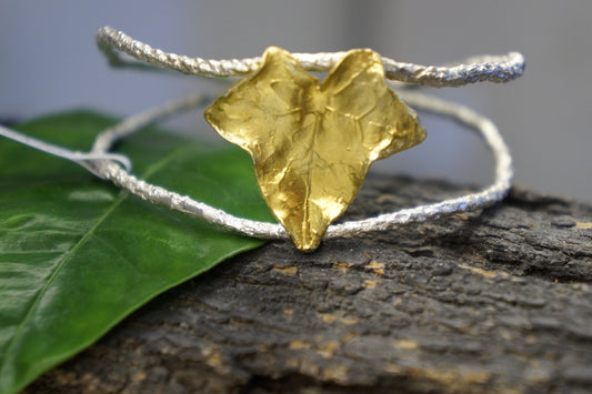 Real Ivy Leaf cuff Bracelet. Sterling recycled silver Pine tree branch and Gold Ivy Leaf symbol of life, strength, friendship and connection