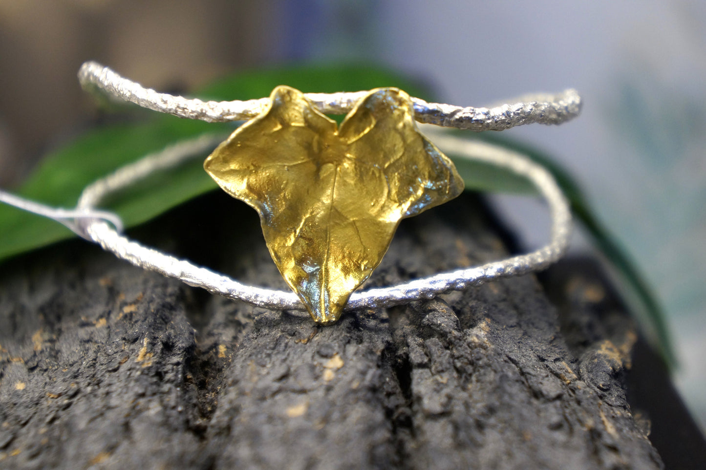 Real Ivy Leaf cuff Bracelet. Sterling recycled silver Pine tree branch and Gold Ivy Leaf symbol of life, strength, friendship and connection