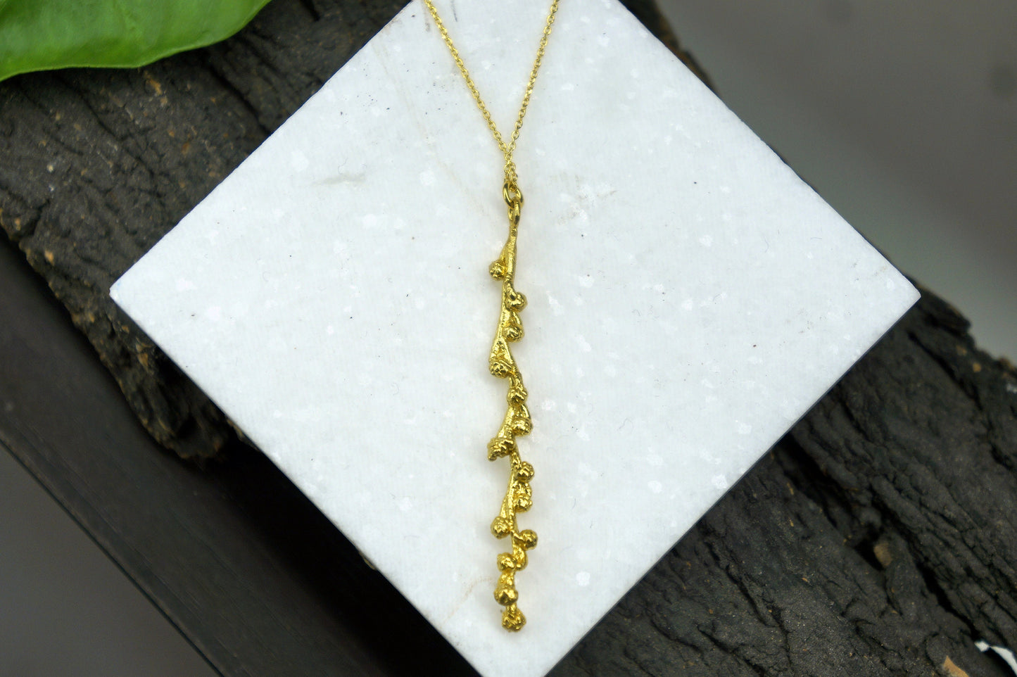 Just Pendant or Chain necklace, Solid Gold Mimosa Branch with buds for Women. 9k-14K-18k Solid Gold Pendant with Gold chain mimosa pudica