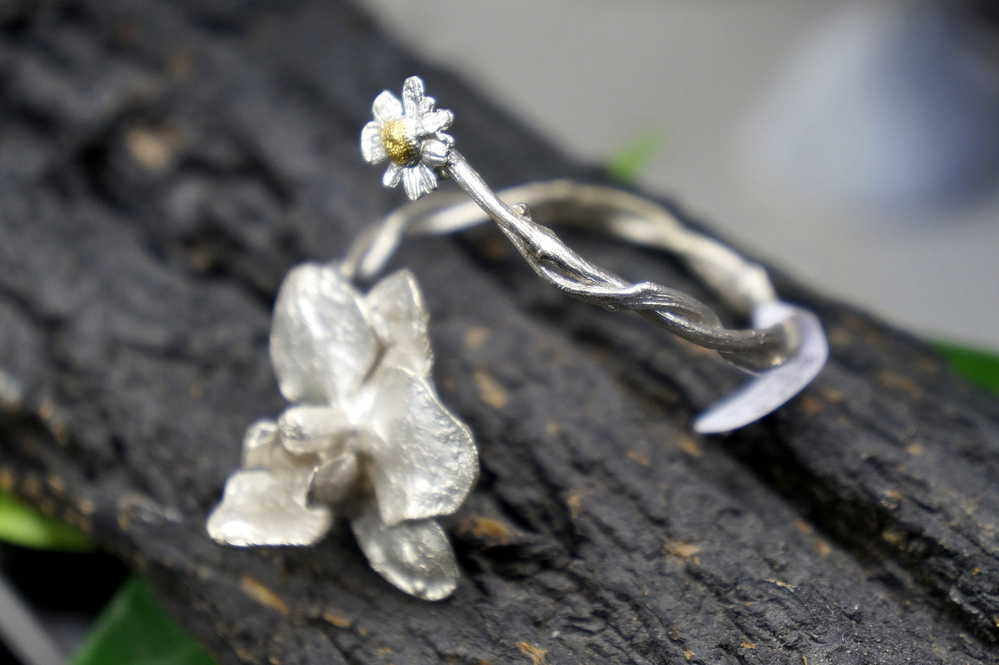 Arm cuff bracelet for women. Real Orchid and Chamomile Cuff Bracelet at sterling recycled silver and every delicate vein can be seen