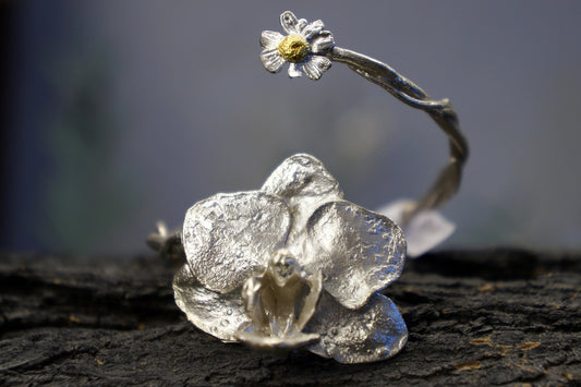 Arm cuff bracelet for women. Real Orchid and Chamomile Cuff Bracelet at sterling recycled silver and every delicate vein can be seen