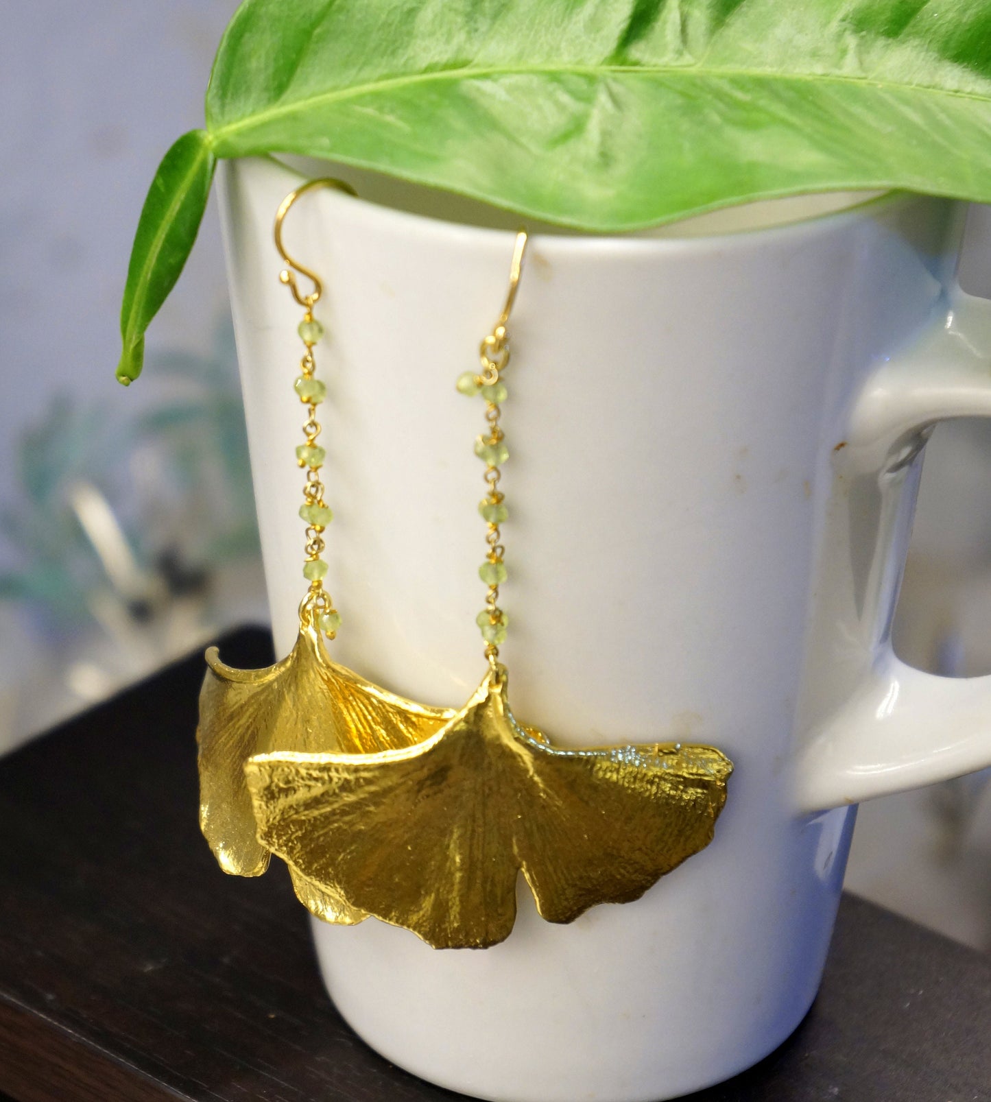 Long Ginko leaf earrings for Women Gold on sterling silver.