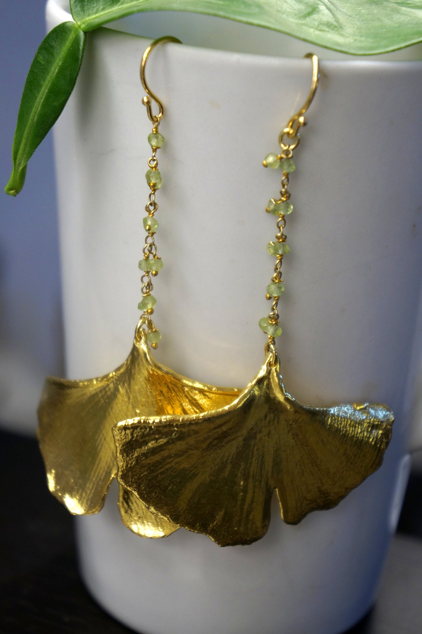 Long Ginko leaf earrings for Women Gold on sterling silver.