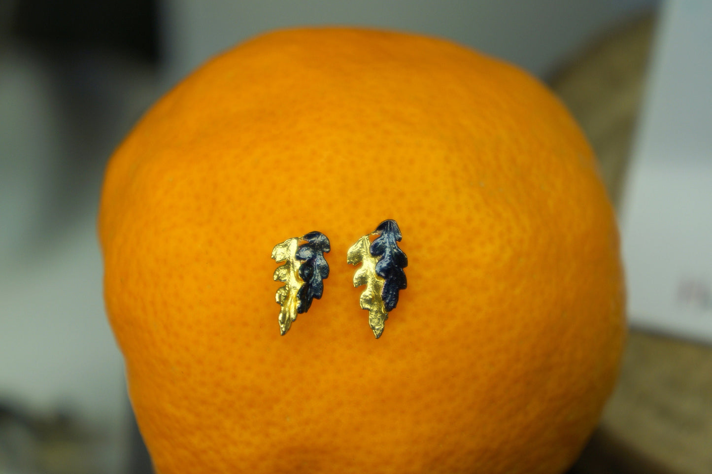 Tiny Small leaf stud earrings 2 tone sterling silver 925, Fern Leaves Black-Silver and Gold.Fern Symbolizes Confidence, reverie and wellness