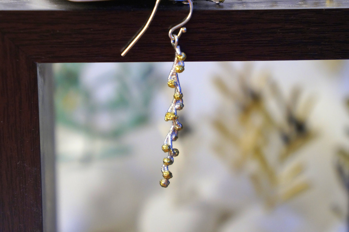 Botanic tree branch Earrings in sterling silver. Real Mimosa Pudica twig with Blossoms, Long Dangle Earrings for women