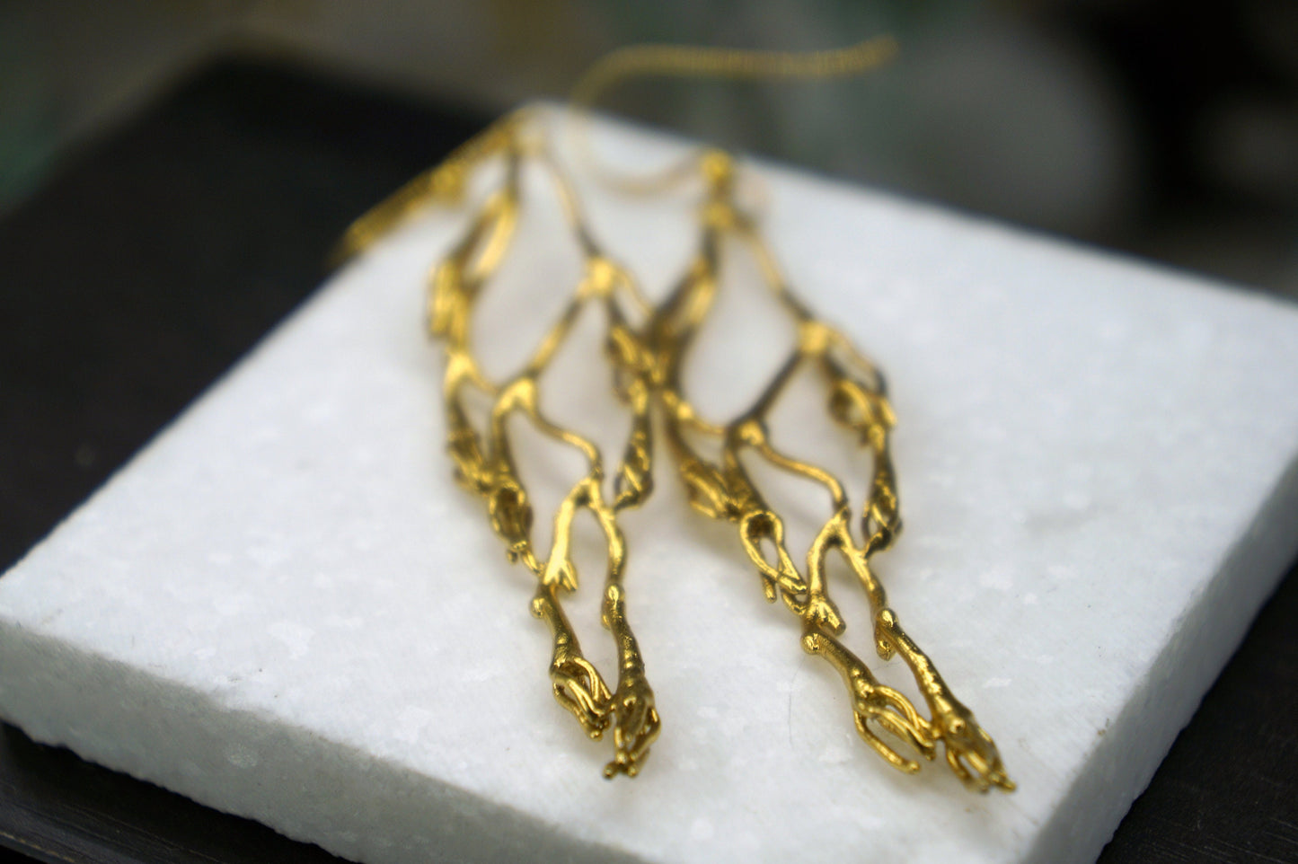 Natural Silver Jasmine Twig Earrings, Gold plated .