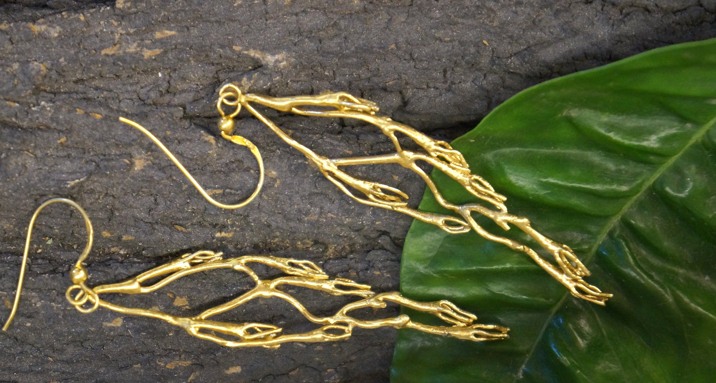 Natural Silver Jasmine Twig Earrings, Gold plated .