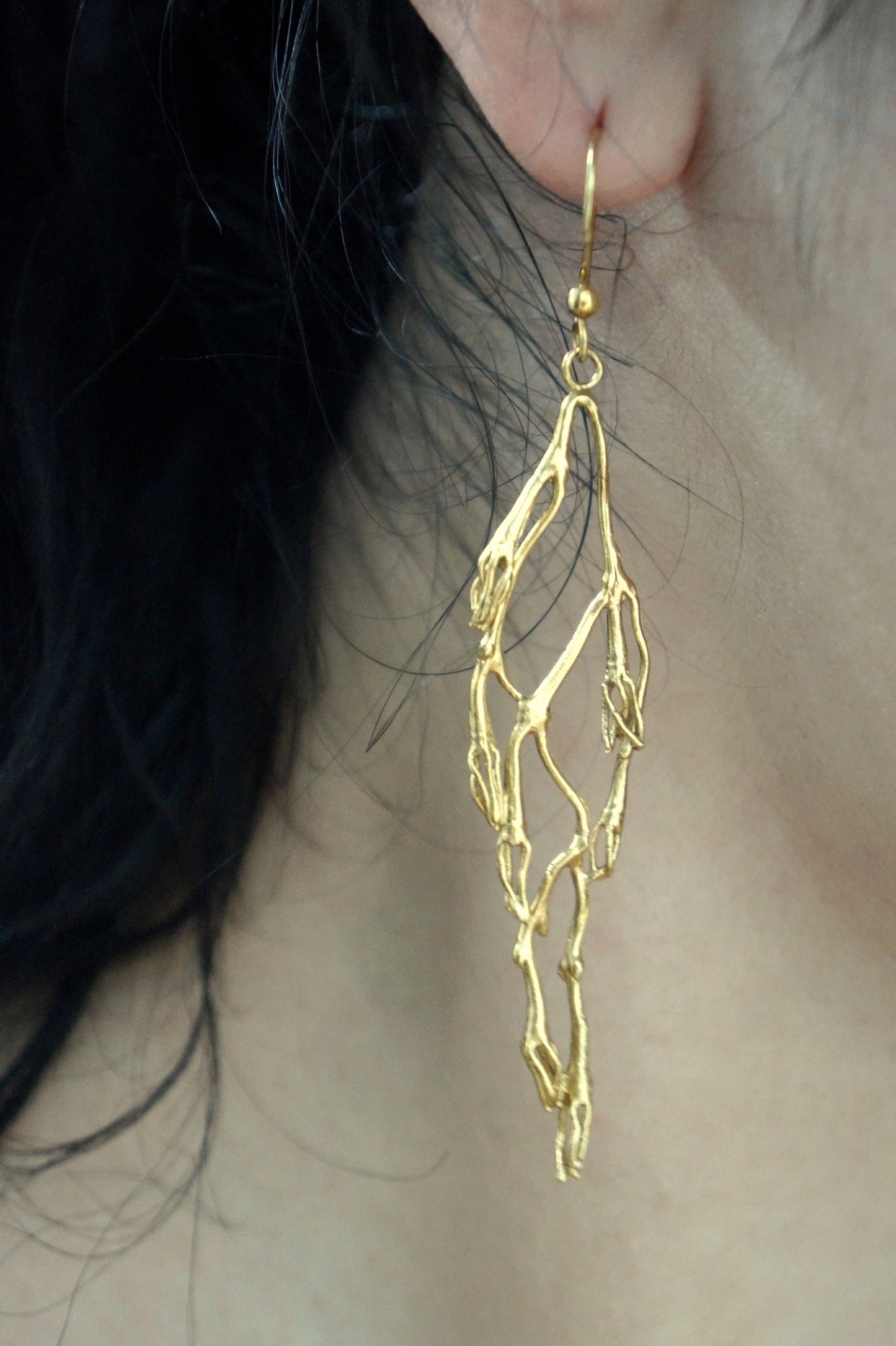 Natural Silver Jasmine Twig Earrings, Gold plated .