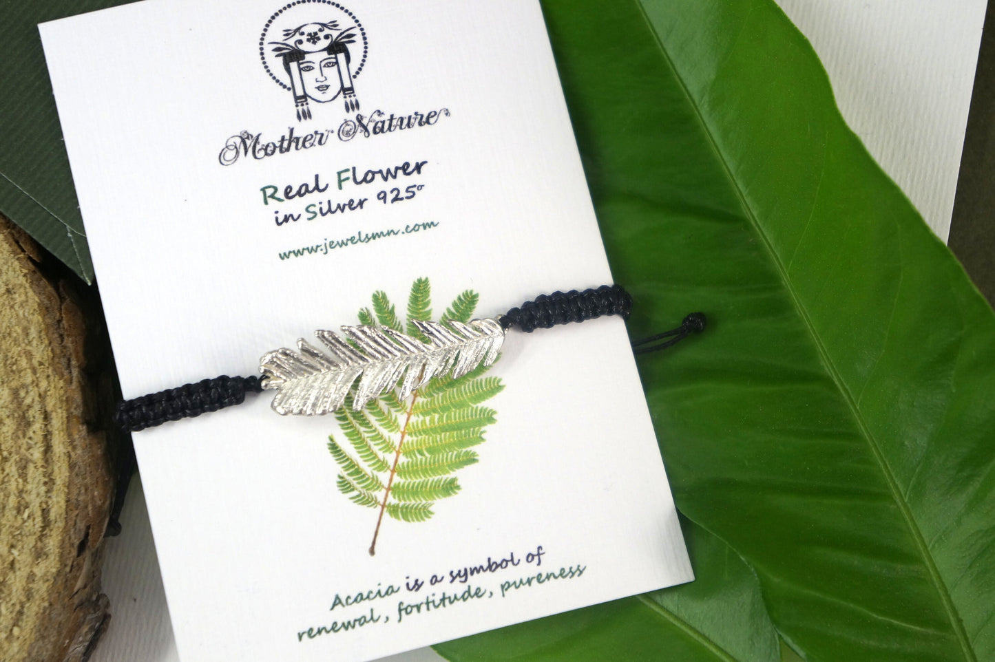 Real Acacia Leaf Bracelet on cord. Adjustable Natural Bracelet. Botanical Macrame Bracelet.