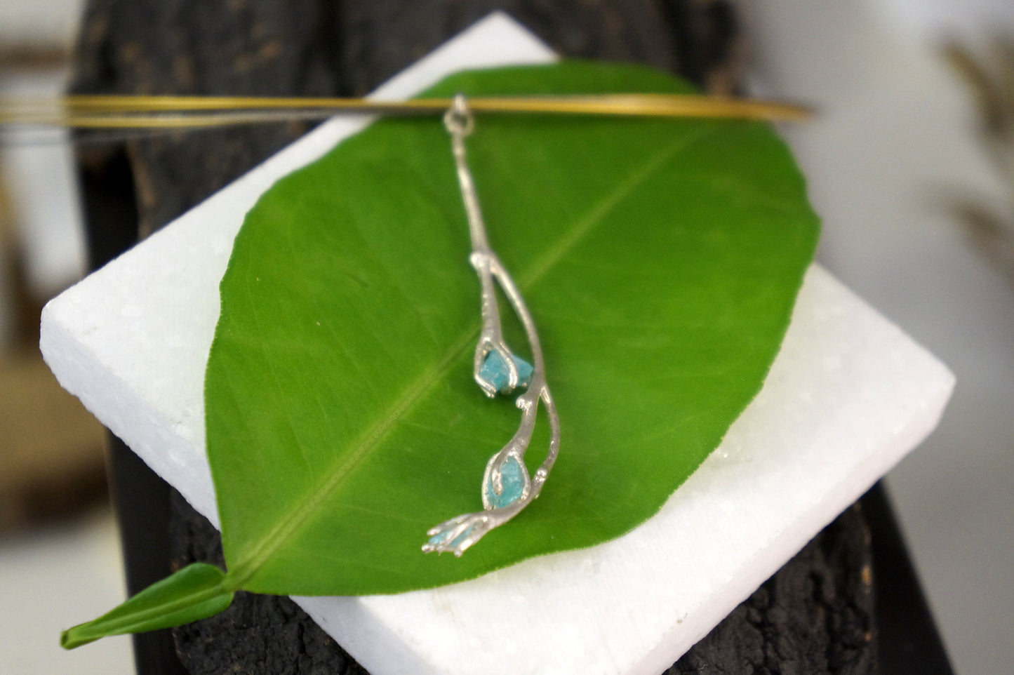 Jasmine Twig Necklace for women with sky blue Raw murano, Multi Strand Necklace plant by Mother Nature Jewelry