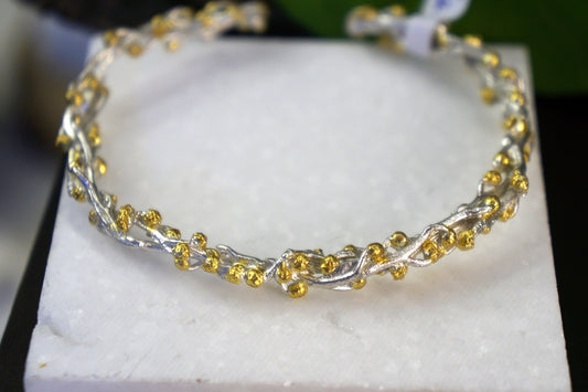 Bangle bracelet Sterling recycled silver 925 Branch with Gold buds. Acacia is symbol of renewal, Fortitude and pureness