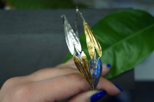 Large Hoops dangle Earrings in sterling silver. Olive Branch and Gold Olive leaves. Big Hoop Earrings by Mother Nature jewelry