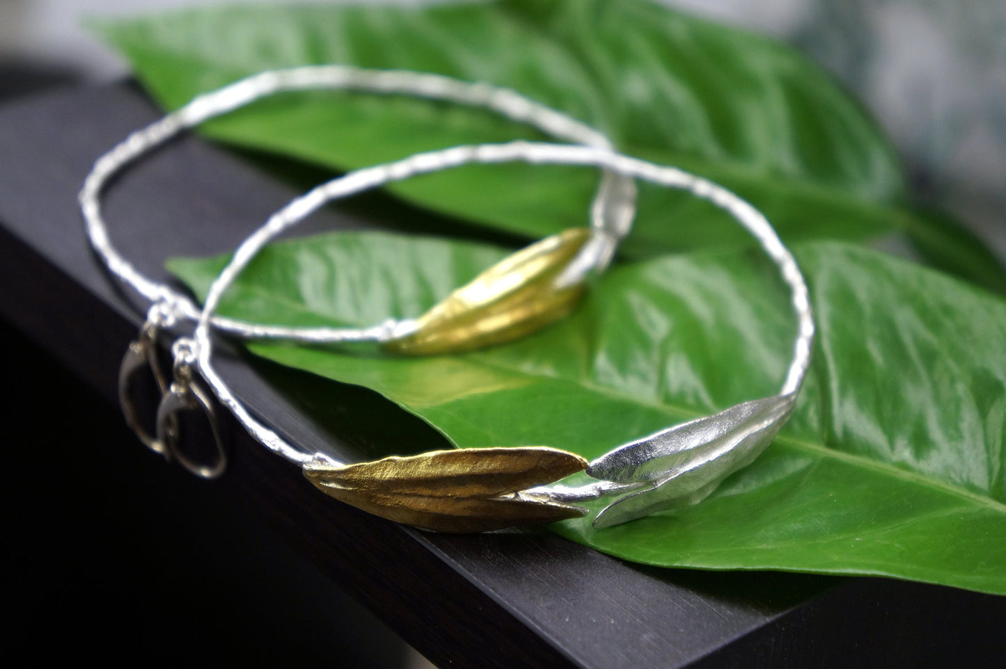 Large Hoops dangle Earrings in sterling silver. Olive Branch and Gold Olive leaves. Big Hoop Earrings by Mother Nature jewelry