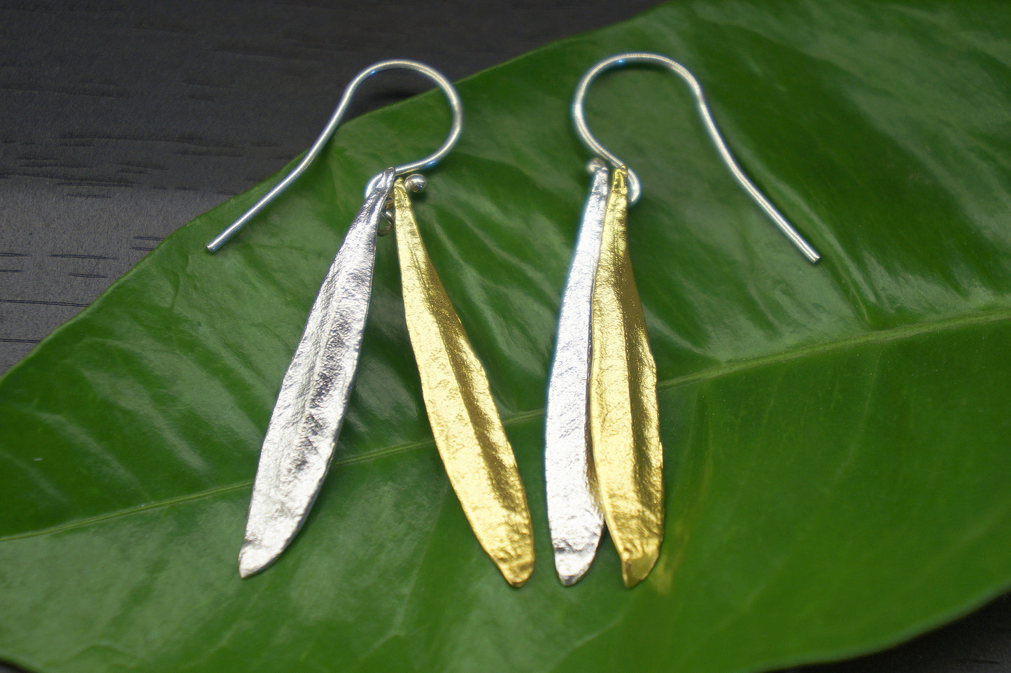 Dangle Earrings for women, Silver and Gold Earrings with 2 Olive Leaves. Sterling silver and 14k Gold on it nature earrings.Goddes jewelry