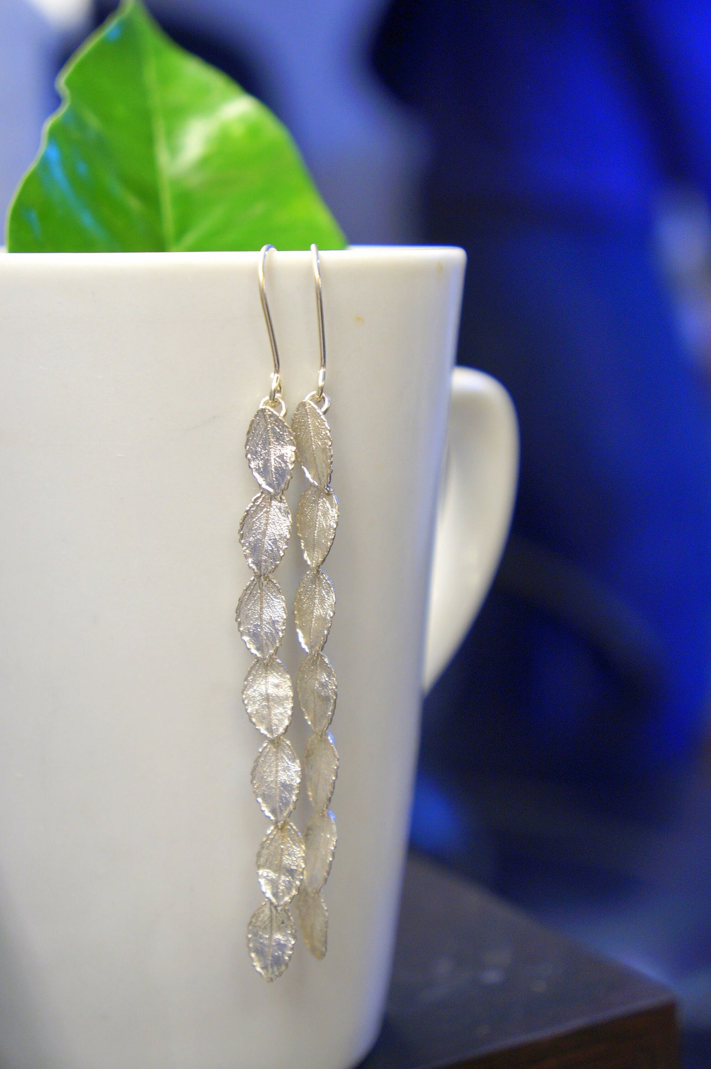 Long Dangle bridesmaid Statement Earrings Rose plant Leaves in Sterling Silver.