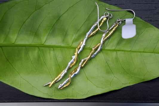 OLIVE BRANCH Earrings in sterling silver. Two tone Long Dangle Olive twig Earrings for nature lovers