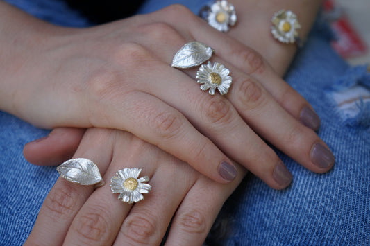 Daisy flower Adjustable ring Twig with branch and Rose tree leaf in Sterling Silver and Gold. By Mother Nature