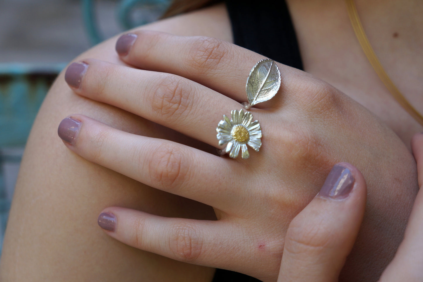 Daisy flower Adjustable ring Twig with branch and Rose tree leaf in Sterling Silver and Gold. By Mother Nature