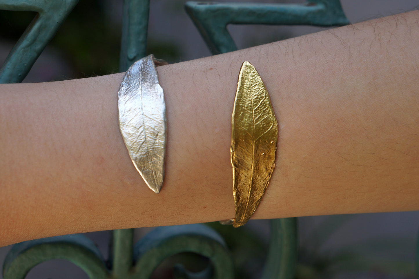 Olive Leaf cuff bracelet in sterling silver and 14K Gold plated . Olive is a symbol of peace and protection.