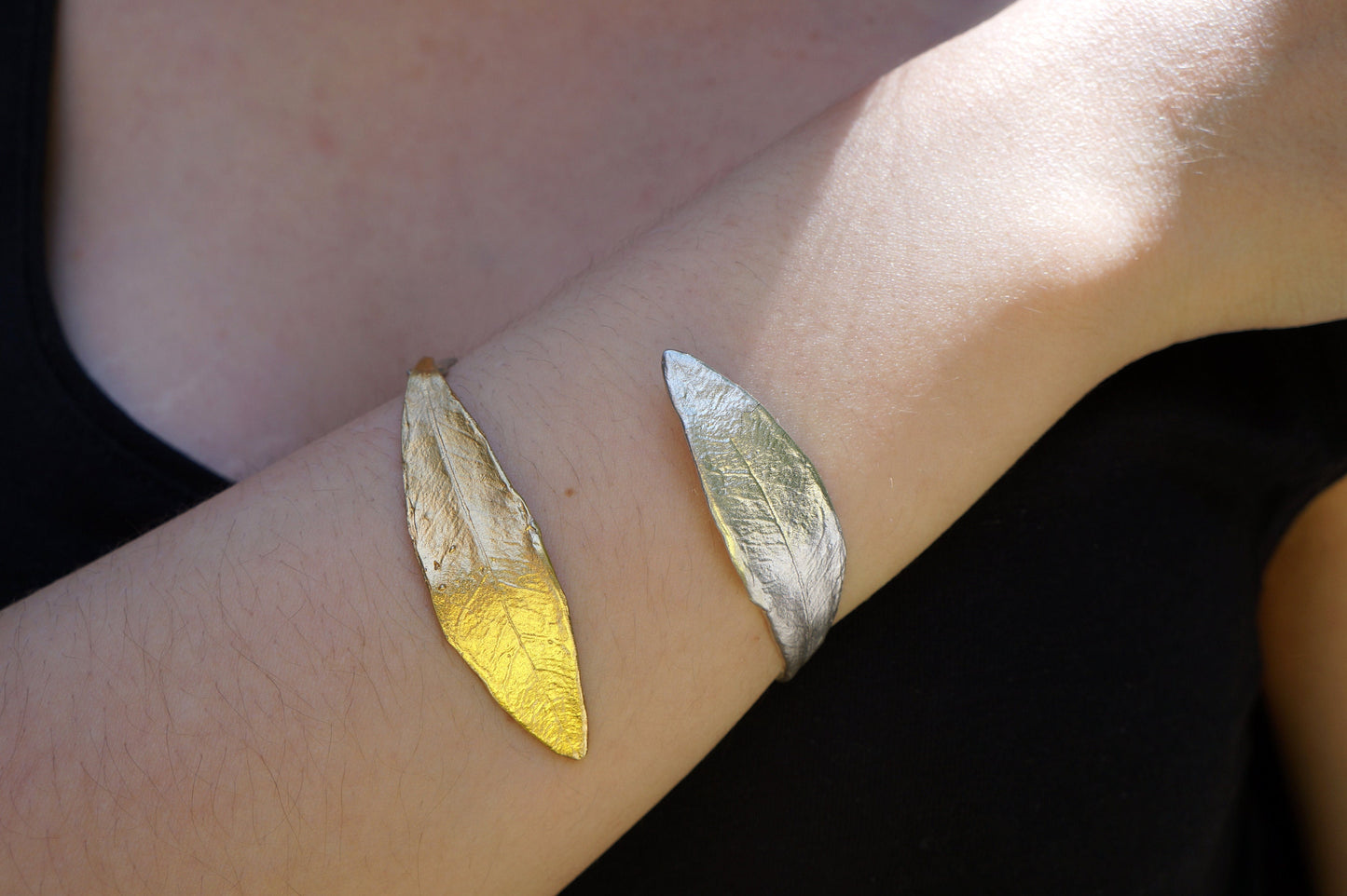 Olive Leaf cuff bracelet in sterling silver and 14K Gold plated . Olive is a symbol of peace and protection.