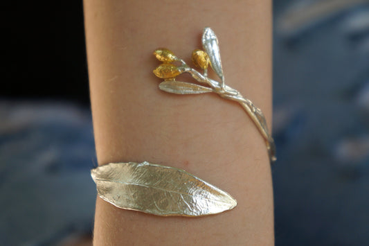 Sterling silver 925 Real Olive Branch and leaves Elegant Bracelet for Women.Adjustable Natural Cuff Bracelet.