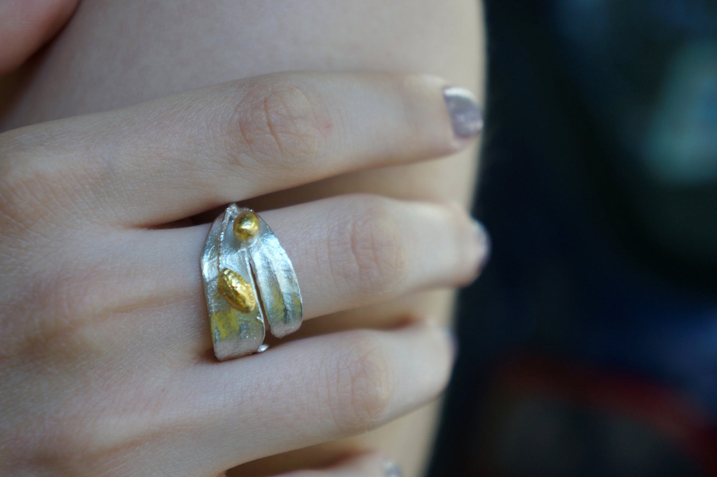 Sterling silver statement Olive Leaf Ring and Olive Branch Ring by Mother Nature jewelry.Olive is symbol of peace, protection and fertility.