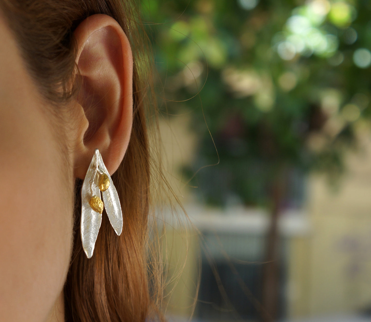 Sterling Silver Olive leaf Earrings and fruit Dangle or Stud earrings on Gold And Black Rhodium.