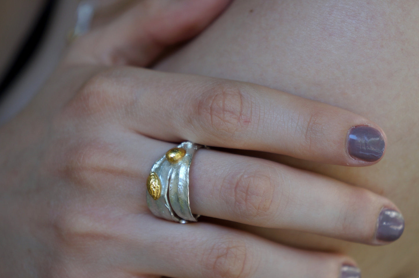 Sterling silver statement Olive Leaf Ring and Olive Branch Ring by Mother Nature jewelry.Olive is symbol of peace, protection and fertility.