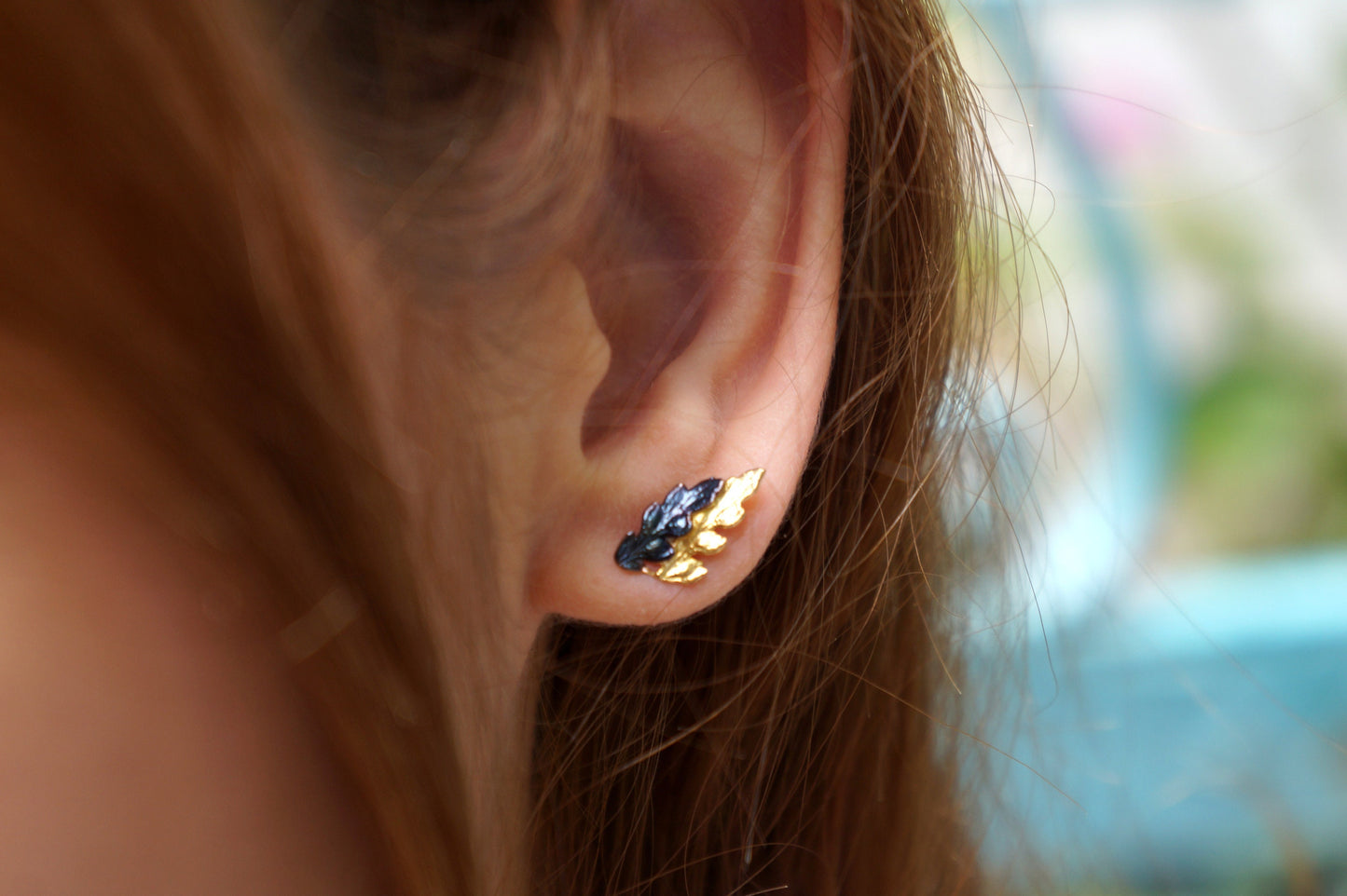 Tiny Small leaf stud earrings 2 tone sterling silver 925, Fern Leaves Black-Silver and Gold.Fern Symbolizes Confidence, reverie and wellness