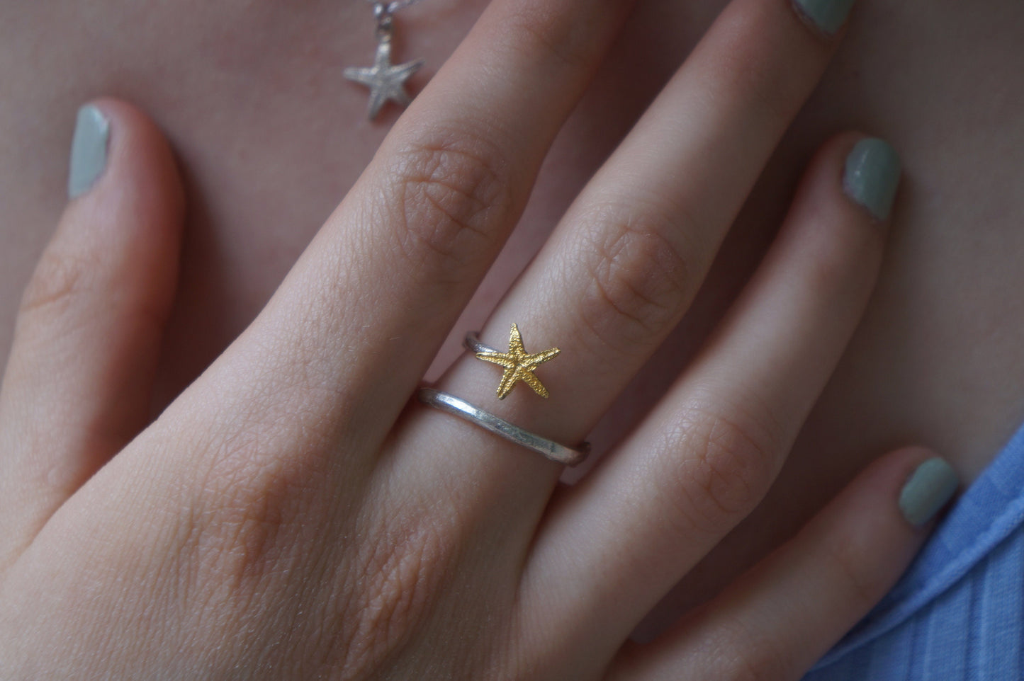 Small real starfish Ring in sterling silver 925.Star symbolizes the 5 elements. Earth, Air, Water, Fire, Spirit.