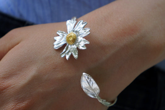 Sunflower leaf sterling silver cuff bracelet, Branch or elastic wire,Real Rose leaf and Daisy Bracelet casting in sterling silver 925