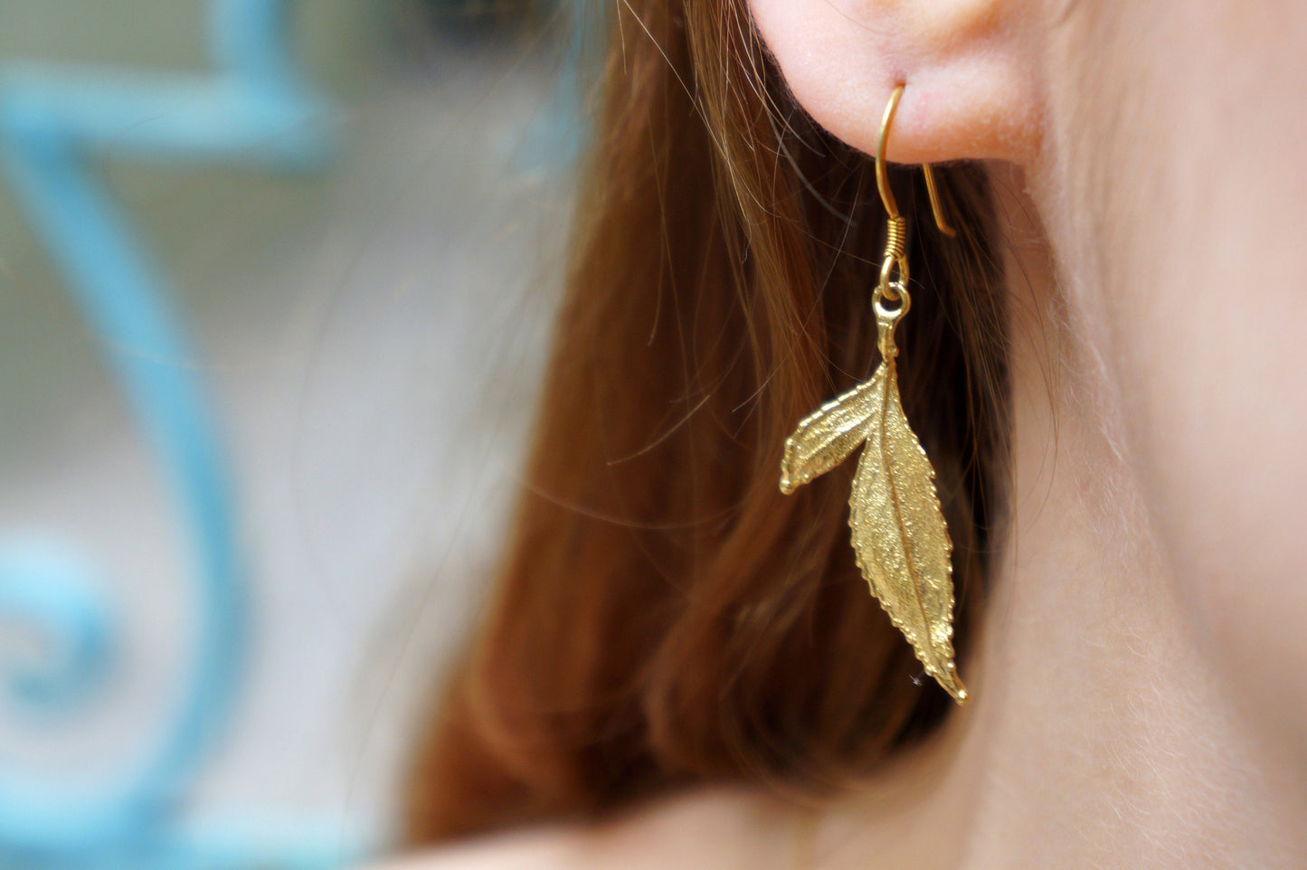 Dangle Solid Gold Rose Plant Leaf Earrings for Women..(Rose,White or Yellow gold)