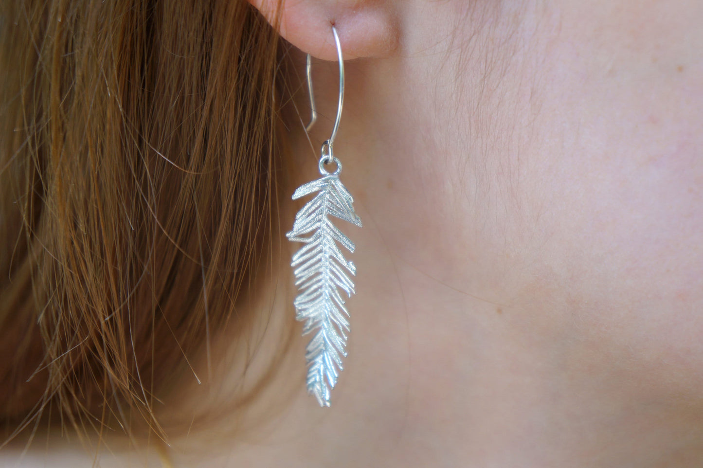 Leaf Earrings on  sterling silver mimosa pudica plant leaves.