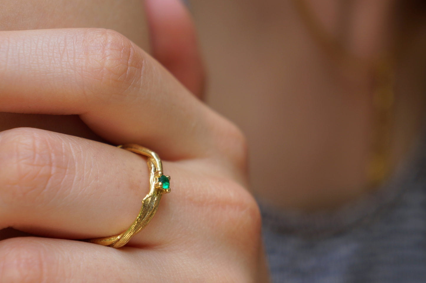 Minimalist Handmade Nature Jewelry. ring Τwig Εngagement Ring with European Zircon. 14k Gold on 925 sterling Silver Olive Branch.