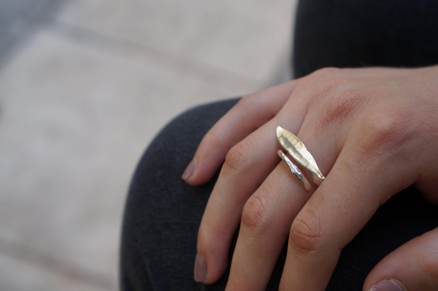 Minimalist Handmade Nature Jewelry. ring Adjustable Olive Leaf Ring in Recycled Sterling Silver.