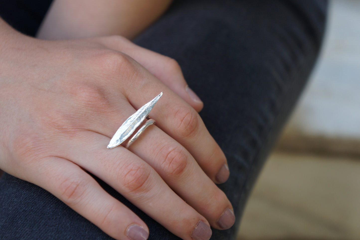 Minimalist Handmade Nature Jewelry. ring Adjustable Olive Leaf Ring in Rhodium Black.