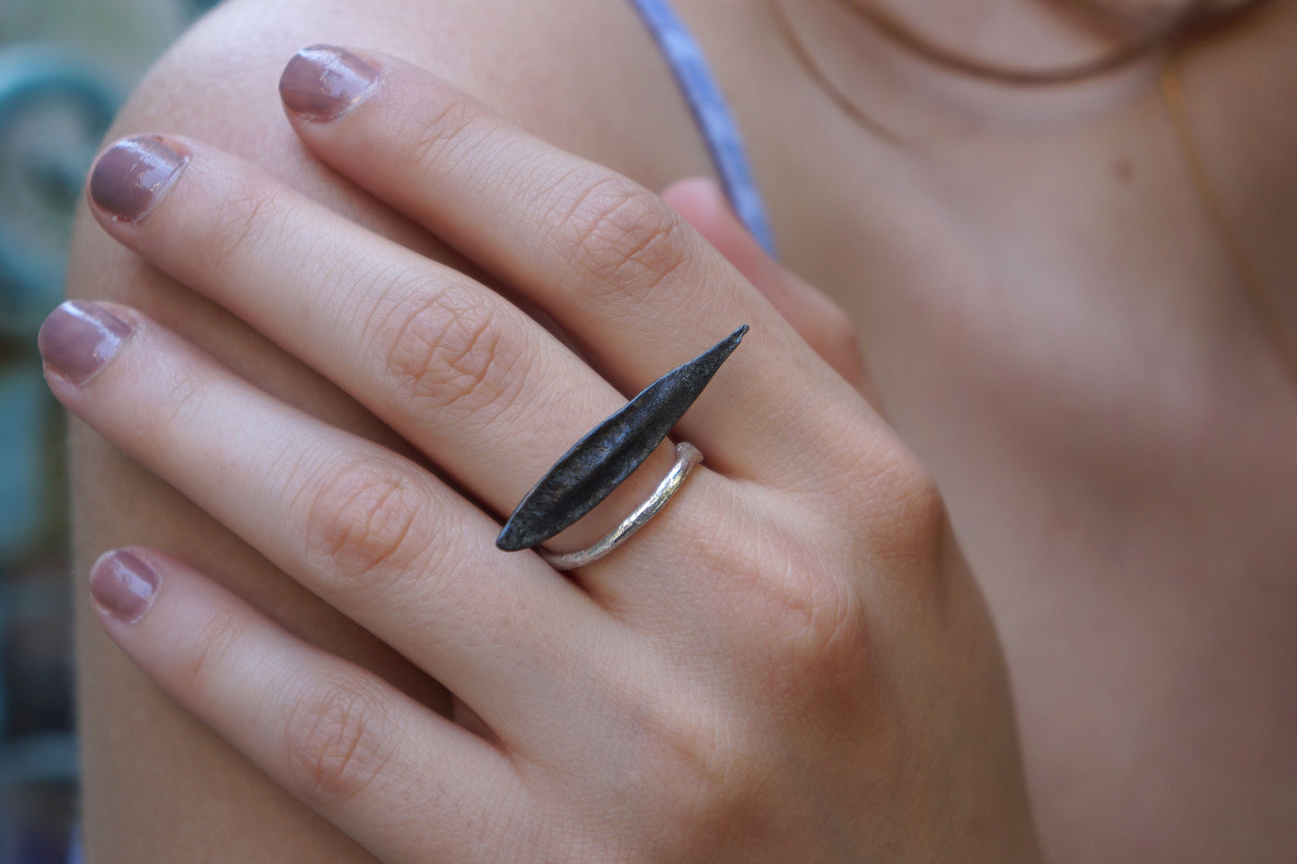 Minimalist Handmade Nature Jewelry. ring Adjustable Olive Leaf Ring in Rhodium Black.