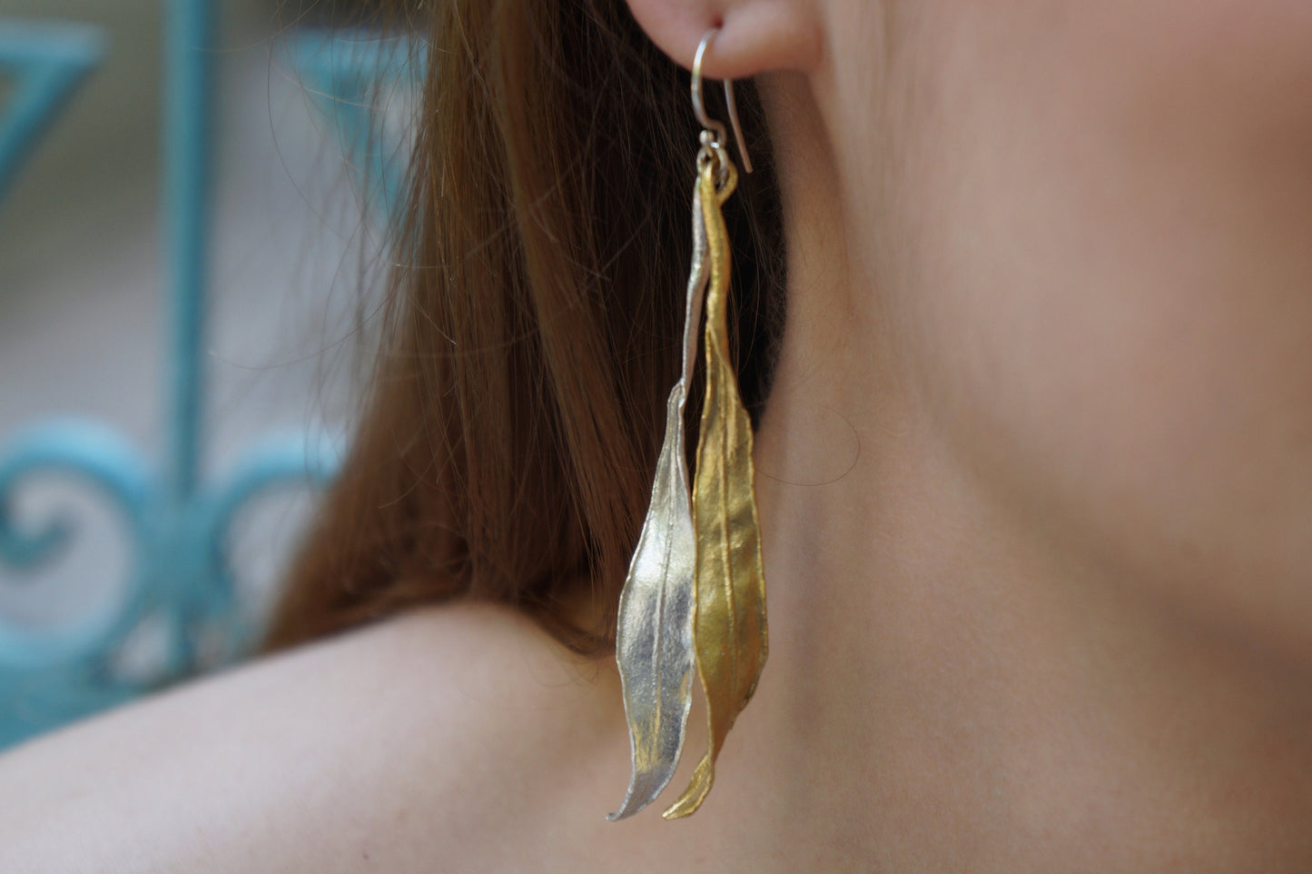 Statement Earrings, Large Real Olive Leaves 14k Gold plated on sterling silver 925, Long two tone Plant Earrings for nature lovers.