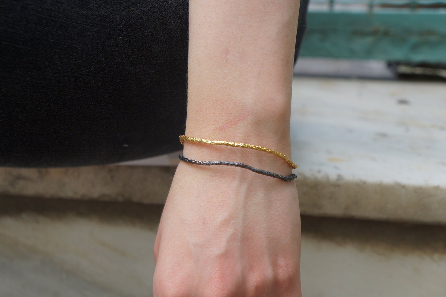 Two tone branch Cuff Bracelet for Women. 14K Gold plated and Black Rhodium on sterling Silver. Pine twig represent wisdom and longevity