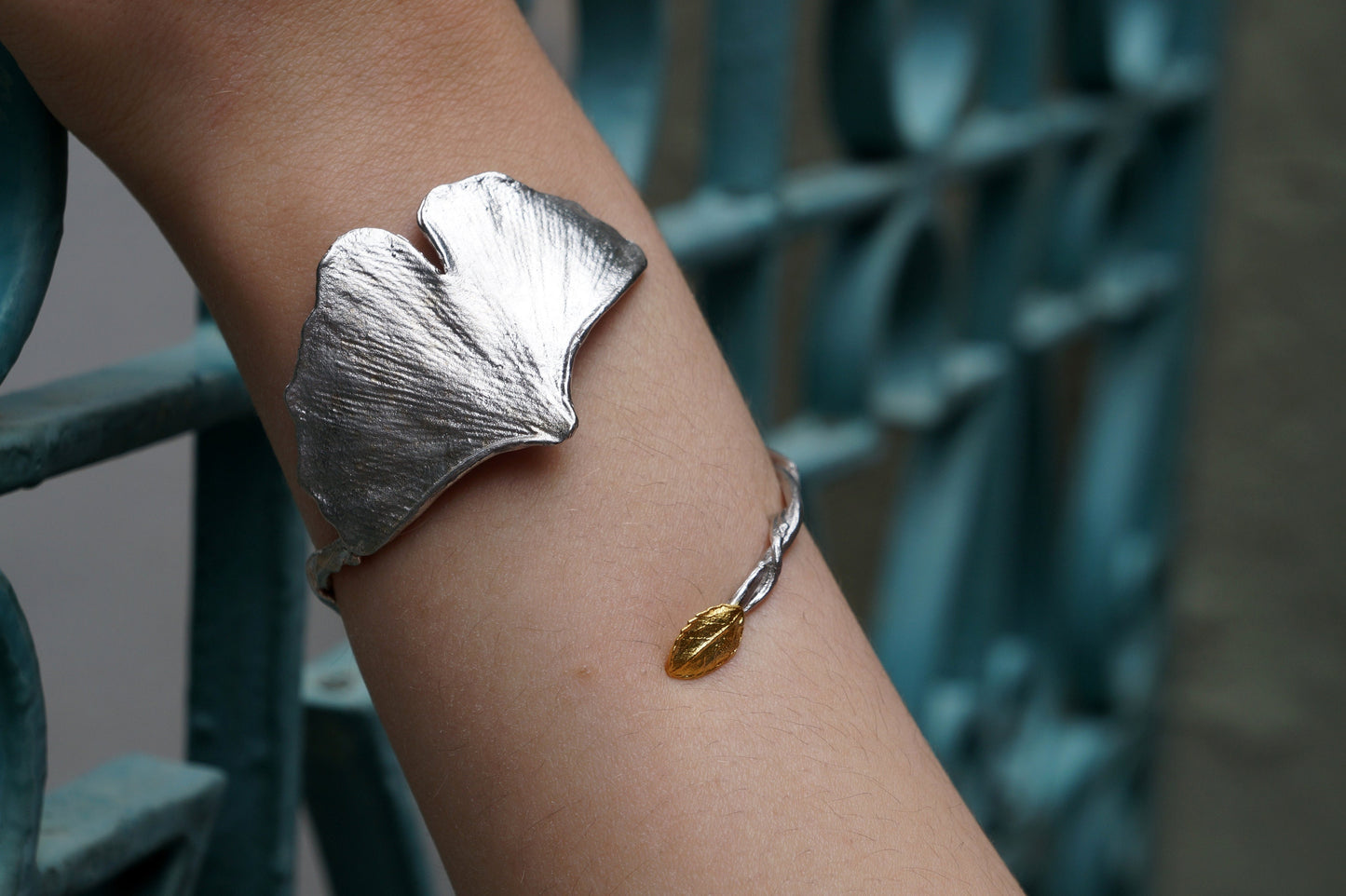 Real Ginkgo Biloba leaf Statement cuff Bracelet with branch on sterling silver 925.Ginkgo is a symbol of hope,peace,endurance and vitality